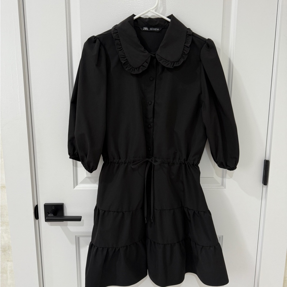 Zara Elegant Black Dress with Ruffled Collar